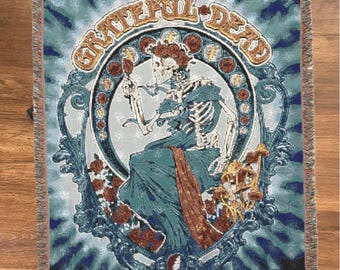Bertha Skulls & Roses Vintage Grateful Dead Woven Throw Blanket Tapestry 50x60 Tie Dye Hippie