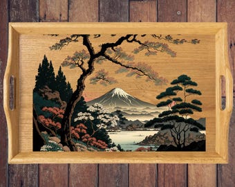 Japan Bamboo Wood Serving Tray Beer Platter for Bar Cart Zen Fuji Drawing Organizer