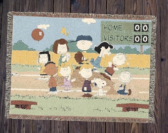 Vintage Peanuts Baseball Field Charlie Brown & Snoopy Woven Throw Blanket 52x37 Tapestry