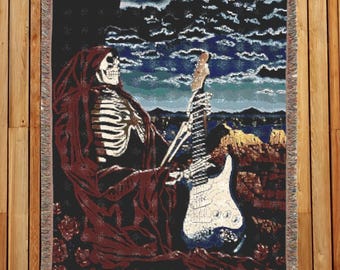 Stratocaster & Skulls Vintage Skeleton Hippie Throw Blanket Woven 60x50 - Grateful Dead Arizona Canyons