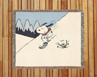 Snoopy & Woodstock Snow Skiing Woven Throw Vintage Blanket 60x50 Peanuts Winter Tapestry