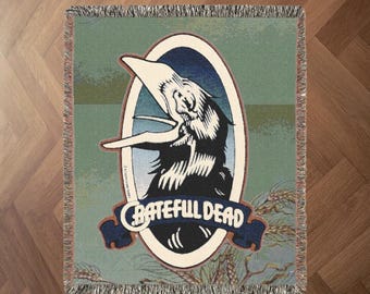 Vintage Grateful Dead Wake of the Flood Crow Woven Throw Blanket Tapestry 60x50 Hippie