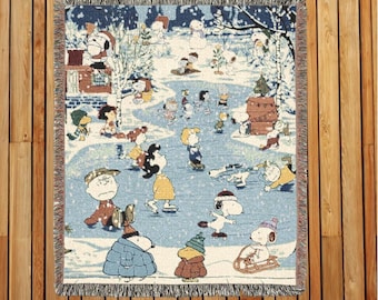 2000s Y2k The Peanuts Christmas Skating Lake Woven Throw Blanket Tapestry 60x50 Charlie Brown & Snoopy