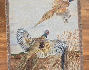 Hunting Pheasant Outdoor Bird & Waterfowl Woven Throw Blanket Vintage 60x50 Southern Tapestry Ducks