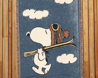 Snoopy Goes Skiing 52x37 Woven Throw Blanket Winter Mountains Tapestry Peanuts