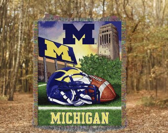 Vintage Michigan Wolverines Woven Throw Blanket 48x60 Tapestry