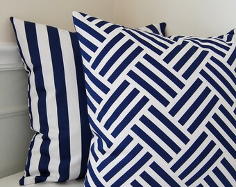 Navy Blue Pillow Cover, Blue Geometric Throw Pillow, Reversible Blue Throw Pillow, One 18x18 Pillow