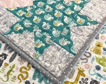 Baby Animal Baby Quilt, Safari Animal Baby Quilt, Elephants Giraffe Lion Baby Quilt, Turquoise Gray Pink Gold Baby Quilt, Baby Shower Gift