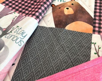 Pink Woodland Baby Quilt, Boho Modern Nursery Baby Quilt, Pink and Gray Girl Baby Quilt, Wholecloth Baby Quilt