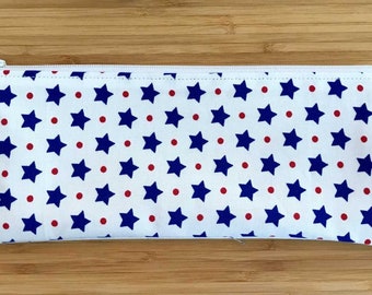 Patriotic Zipper Pouch, Navy and White Pencil Case, Navy Stars Pouch