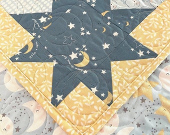Dream BIG Baby Quilt, Celestial Baby Quilt, Yellow Blue Baby Quilt, Stars & Moons Patchwork Baby Quilt,  Baby Shower Gift