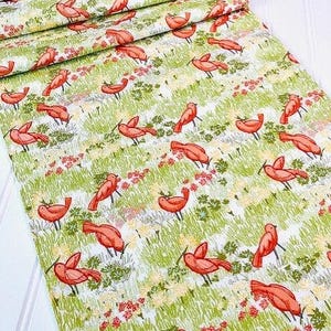 Summer Table Runner, Birds and Floral Table Runner,  Spring Green Table Runner, Green Yellow Pink Table Linens, 13x66 Table Runner, Birds