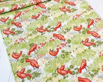 Floral Bird Table Runner: Spring Green Cotton Linens (13x66)