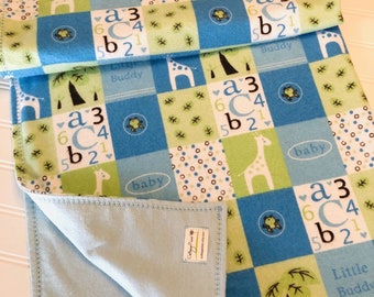 Flannel Baby Blanket, Animals Baby Blanket, Giraffe Flannel Blanket, Blue Flannel Blanket, Green Crib Blanket,Baby Boy Shower Gift