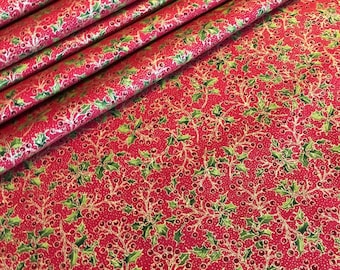 Festive Holiday Table Runner, Red Christmas Table Runner, Metallic Gold and Red Table Runner, Christmas Greens and Berries Table Runner