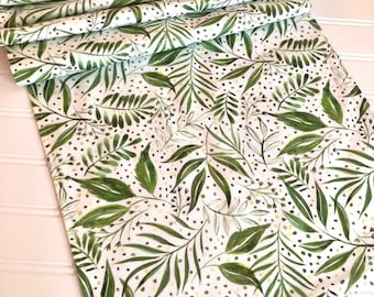 Green Floral Cotton Table Runner: Watercolor Leaves (13x72)