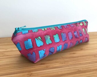 Boho Pencil Case, Pink Pencil Case, Pink Batik Pencil Pouch, Pink Zipper Pouch, Aqua Pencil Case, Back to School Supplies, Boho Zipper Pouch