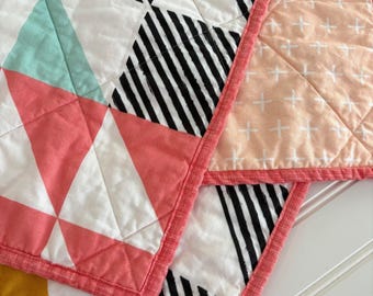 Pink Puzzlecloth Baby Quilt: Modern Boho Nursery Decor, Pink Peach Aqua Baby Quilt, Baby Girl Baby Quilt
