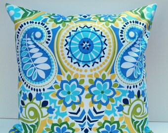 Blue Floral Pillow Cover, Aqua Paisley Throw Pillow, 18x18 Inch Blue Cushion Cover, Green Pillow Cover, Waverly Pillow