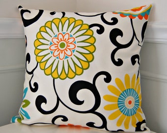 Modern Floral Pillow Cover, Yellow Orange Throw Pillow, Turquoise Pillow Cover, Floral Cushion Cover, 18x18 Inch Bold Floral Pillow