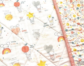 Modern Baby Animal Quilt: Peach, Pink, Gray & Yellow Boho Crib Bedding, Baby Girl Baby Quilt, Wholecloth Baby Quilt