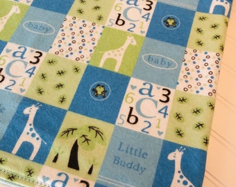 Giraffe Flannel Baby Blanket: Blue Green Animals Patchwork