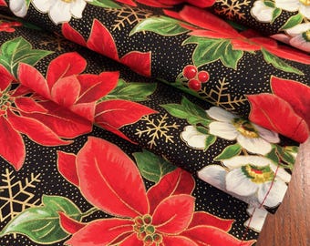 Red, Gold & Black Christmas Table Runner: Metallic Poinsettias