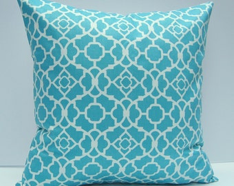Aqua Geometric Pillow Cover: Waverly Cotton Cushion (18x18 Inch)