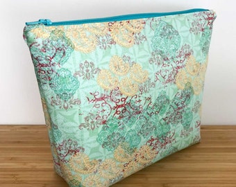 Green Zipper Pouch, Boho Zipper Bag, Green Cosmetic Bag, Gold Make-Up Bag, Teal Make Up Bag, Green Zipper Bag