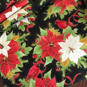 Christmas Table Runner, Red and Gold Metallic Christmas Decor, Red Holiday Table Runner with Cardinals and Poinsettias image 1