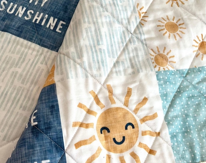 Blue and Yellow Baby Quilt, You Are My Sunshine Baby Quilt, Sunshine