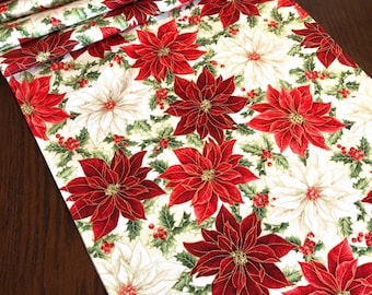 Red and White Poinsettia Christmas Table Runner: Red, Cream & Gold Metallic Holiday Decor
