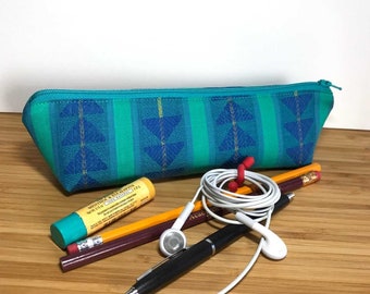 Green Zipper Pouch, Blue Pencil Case, Boho Zipper Pouch, Blue Makeup Bag, Modern Pencil Case, Boho Cosmetic Bag