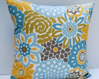 Floral Pillow Cover: Blue, Yellow, & Green Cotton Throw Pillow (18x18 Inch)
