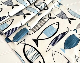 Mid-Century Modern Table Runner, Abstract Fish Blue & Black, Retro Table Runner, 12x56 Abstract Blue and Black Table Runner