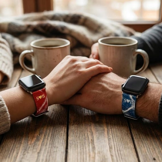 Couples Matching Gift • Personalized Leather Apple Watch Band Set • Engraved Strap + Gift Box
