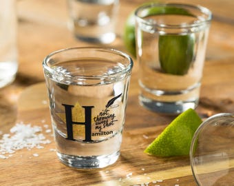 Hamilton Musical Shot Glass: Broadway Fan Barware, Gold Star Quill Design