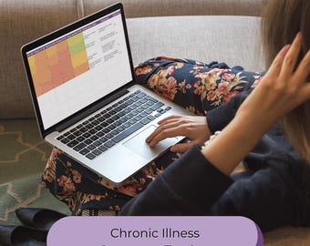 May include: A laptop displaying a symptom tracker, with a color-coded grid. The text "Chronic Illness Symptom Tracker" is displayed on a purple banner. The person is wearing a floral patterned top and black shoes are visible.