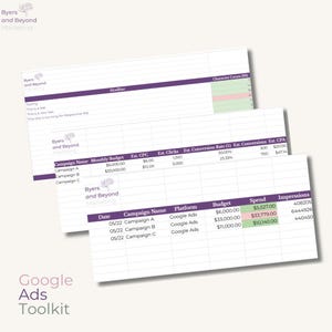 Puede incluir: Tres hojas de cálculo con tablas de datos y el texto "Google Ads Toolkit". Las hojas de cálculo muestran nombres de campaña, presupuestos, clics, tasas de conversión y gastos. El logotipo de Byers and Beyond Marketing está en la parte superior izquierda.