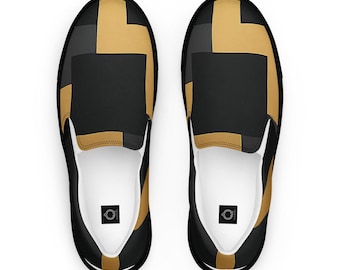 Baskets slip-on homme noir or, chaussons toile homme, chaussures streetwear luxe, motifs géométriques, mode urbaine, baskets créateur.