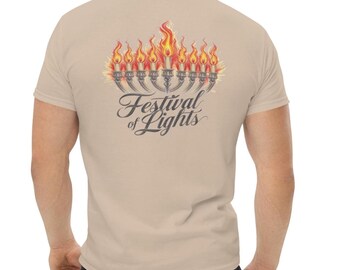 Chanoeka-T-shirt uniseks – Festival of Lights menora print op achterkant, Joods Chanoeka-cadeau-T-shirt