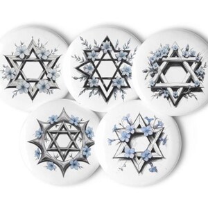 Star of David Pin Set – Floral Jewish Buttons (Set of 5) – Judaica Gift, Holiday Favor, Jewish Identity Pins