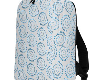 Blue Spiral Alphabet Backpack – Modern Typography Pattern School Bag, Unique Letter Design Gift