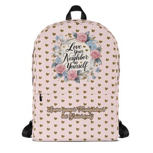 Love Your Neighbor as Yourself Girls Backpack – Jewish Back to School Bag | V’ahavta Quote | Pink Floral Heart Print