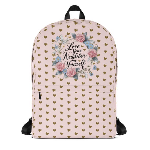 Love Your Neighbor Backpack: Jewish Back to School Bag, Pink  display picture 3