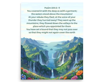 Psalm 104 Waterfall Landscape Poster: Inspirational Bible Verse Wall Art
