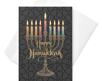 Hanukkah Greeting Card – Colorful Menorah with Gold Lettering, Jewish Holiday Card