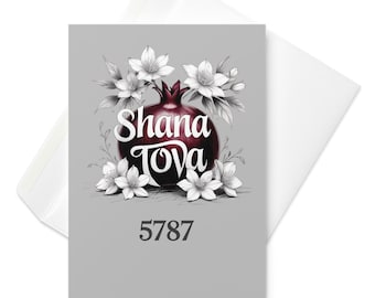 Shana Tova Rosh Hashanah Greeting Card – Pomegranate & White Flowers Design, Jewish New Year 5786