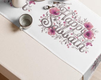 Floral Happy Sabbath Table Runner – Elegant Shabbat Decor
