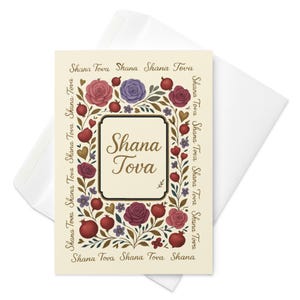 Biglietto di auguri per Rosh Hashanah – "Shana Tova" Biglietto di auguri per il capodanno ebraico con fiori di melograno